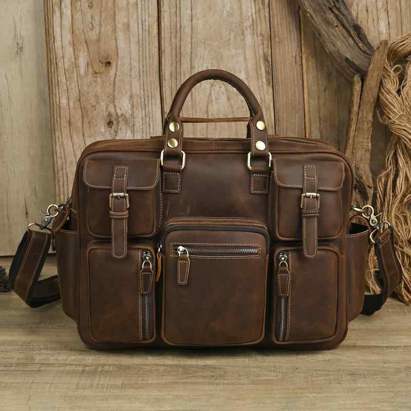 メッセンジャーバッグ 男性用 メンズ レトロ 本革 クレイジーホースレザー 牛革 多機能 多ポケット ショルダーバッグ 斜め掛けバッグ ハンドバッグ 手提げ鞄 15インチPC収納 ビジネス 通勤 仕事 普段使い ブラウン 耐摩耗性