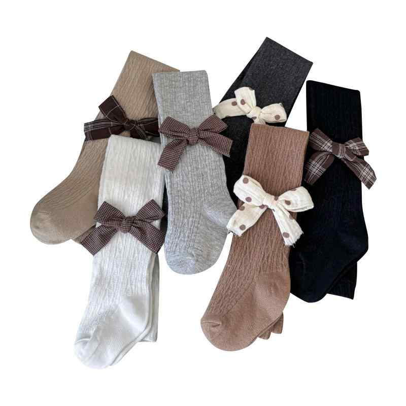 タイツ 女の子 女児 子供用 中小サイズ 小菱形柄 蝶結び リボン 股開き 外履き 普段使い 通気性 綿 コ..