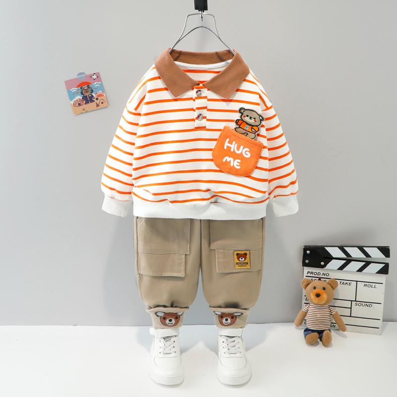 キッズ 男の子 ベビー服 ポロシャツ ロングパンツ セットアップ 上下セット 春秋 おしゃれ カジュアル 綿 ストライプ 韓国風 1歳 2歳 3歳 グリーン ブラック オレンジ