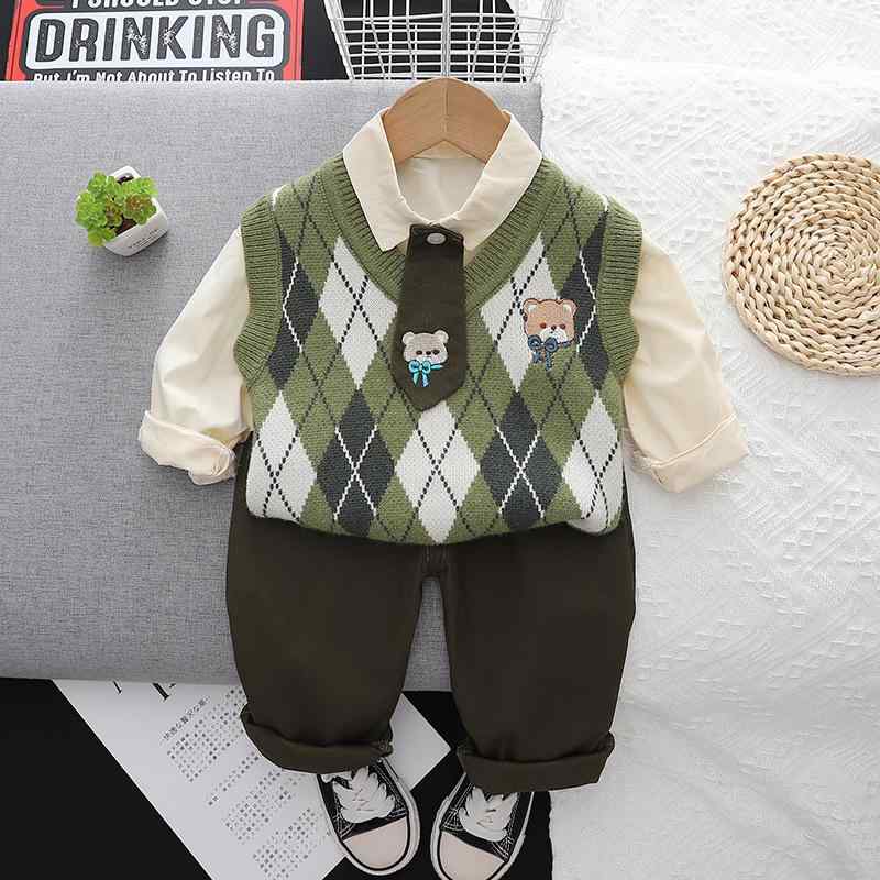 楽天way-ugoキッズ 男の子 セットアップ 3点セット 長袖 トップス Vネック ベスト ロングパンツ 菱形柄 チェック イラスト 韓国風 綿 コットン おしゃれ カジュアル 春秋