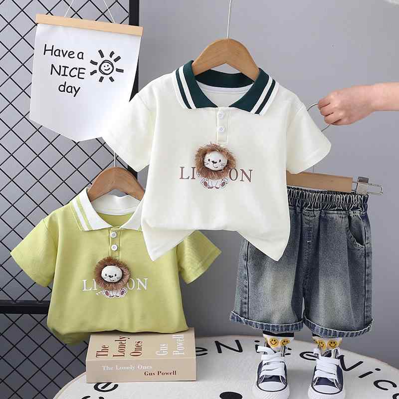 キッズ セットアップ 男の子 ベビー 春夏 韓国風 アニマル ライオン柄 かわいい 半袖 ポロシャツ トップス 綿素材 薄手 襟付き 普段使い 上下セット 2点セット