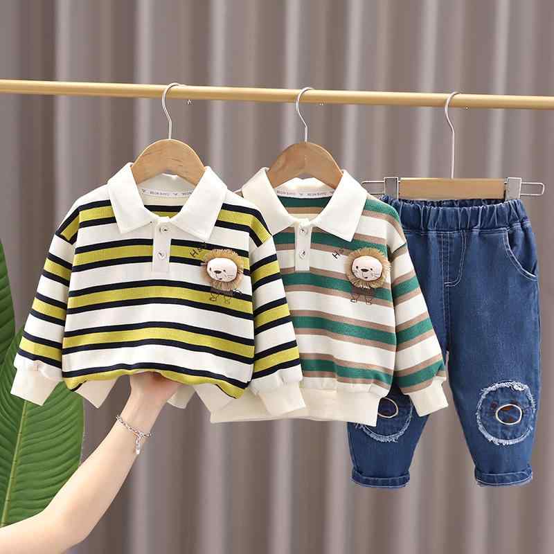 キッズ 男女兼用 秋冬 コットン セットアップ 長袖ポロシャツ ストライプ柄 長ズボン 2点セット ライオン柄 韓国風 カジュアル ルームウェア かわいい プルオーバー