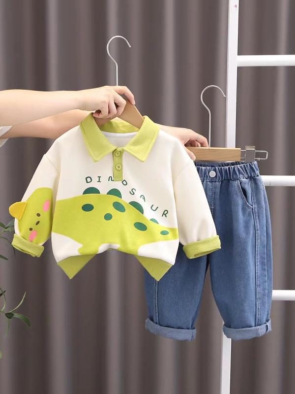 セットアップ 男の子 ベビー キッズ 春秋 綿 コットン キャラクター 恐竜柄 プリント 長袖 トレーナー スウェット プルオーバー 襟付き ソフトタッチ 快適 普段着 お出かけ カジュアル 2点セット 上下セット おむつ替え楽 80cm 90cm 10