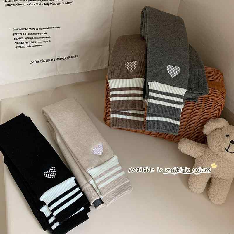 レギンス 女の子 キッズ スパッツ 秋冬 裏起毛 厚手 保温 防寒 九分丈 縦ストライプ 刺繍 ハート柄 綿 ..