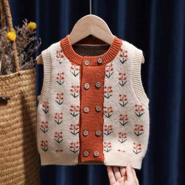 ベスト 女の子用 ベビー キッズ ニットカーディガン ノースリーブ ジレ 前開き 花柄 綿素材 ソフトな肌..