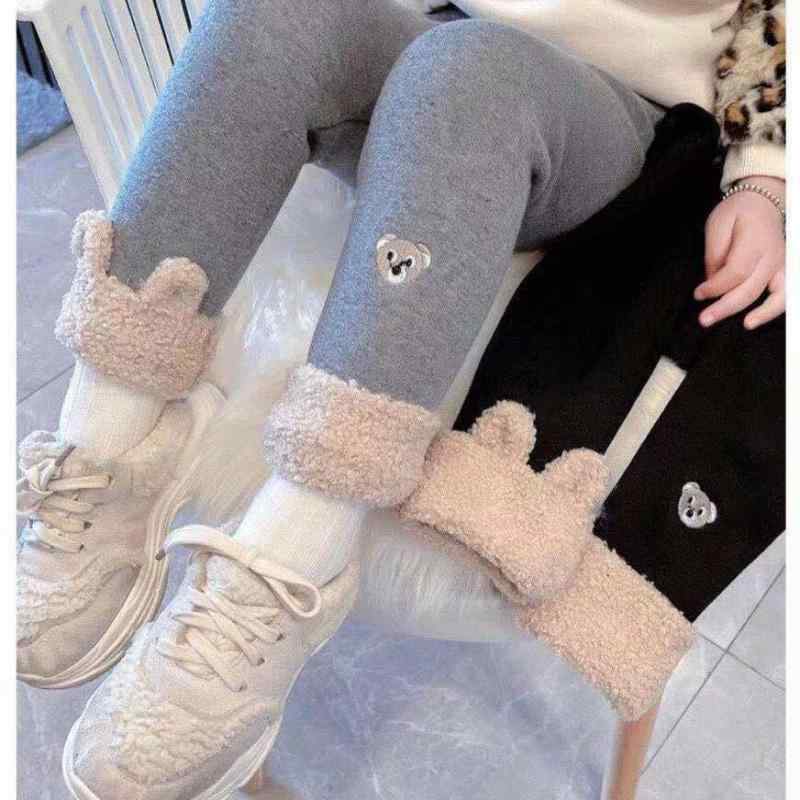 パンツ 女の子 ベビー 女児 裏起毛 レギンス 長ズボン スパッツ クマ柄 韓国風 防寒 保温 あったか もこもこ コットン 綿 ミドルウエスト 普段使い 通園 通学 グレー ブラック 秋冬