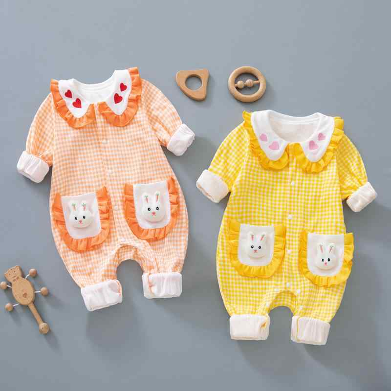 ロンパース 女の子 ベビー 新生児 0-1歳 綿100% コットン 二重 厚手 長袖 カバーオール 前開き シング..