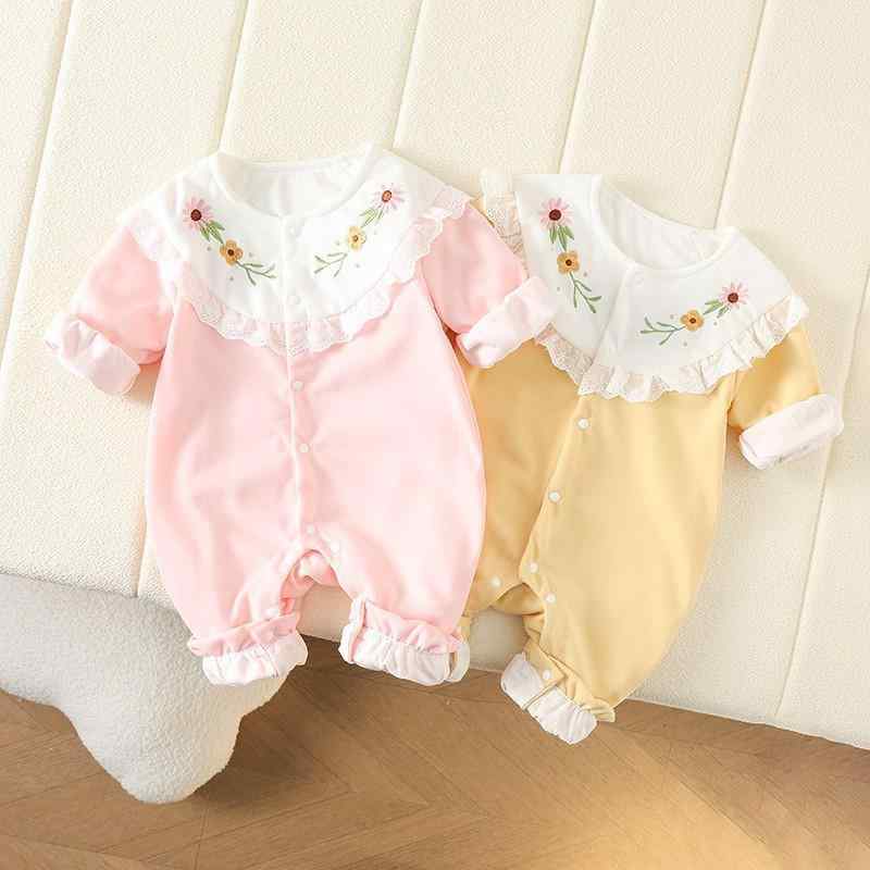 ロンパース 女の子 ベビー 新生児 幼児 かわいい プリンセス風 デイジー刺繍 フリル襟 長袖 二重 コッ..