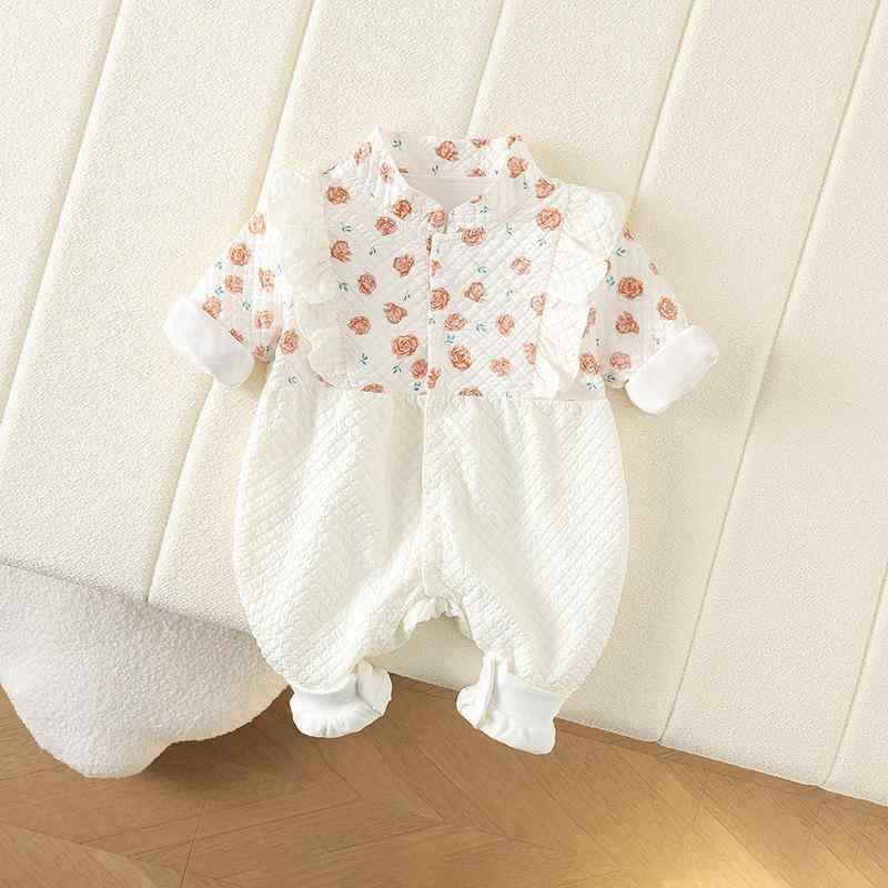 ロンパース ベビー 女の子 春秋 長袖 おしゃれ かわいい 韓国風 韓国ファッション コーヒー色 バラ柄 ..