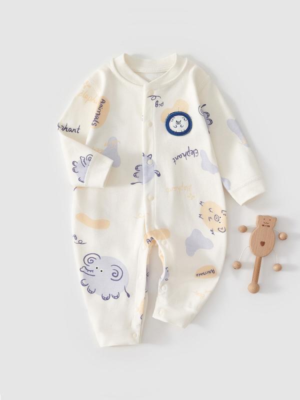 ・主な素材: 綿100%・対象シーズン: 春、夏、秋、冬・対象年齢層: 新生児(0～1歳、80cm以下)・対象性別: ユニセックス・袖丈: 長袖・フード: なし・厚さ: 普通・留め具: スナップボタン・スタイル: カジュアル・カテゴリ: ロンパース、カバーオール・カラー展開: 恐竜パーク、アニマル、イエロードットうさぎ