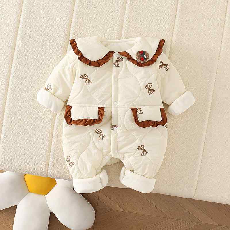 ロンパース ベビー 女の子 冬 裏起毛 厚手 長袖 ポリエステル 韓国風 かわいい プリンセス風 蝶柄 丸襟..