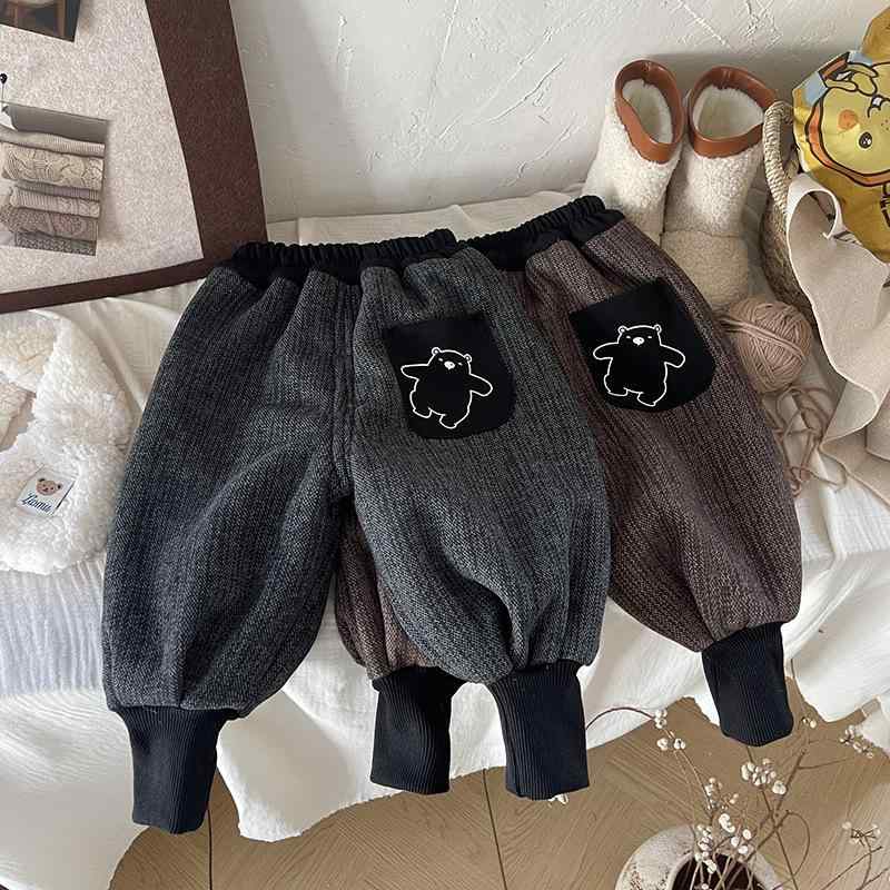 パンツ 男の子 ベビー キッズ 裏起毛 綿 コットン 厚手 スウェット 長ズボン 保温 防寒 暖かい くま柄 柔らか加工 カジュアル ウエスト..