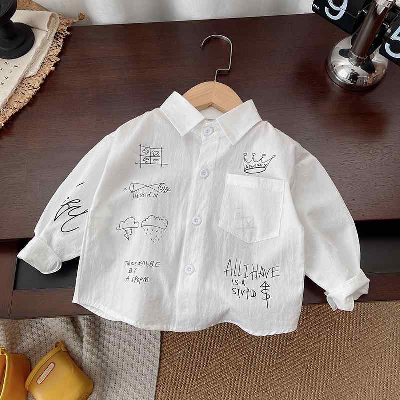 シャツ 子供服 ベビー服 男女兼用 長袖 キャラクター 落書き風 プリント 襟付き 開襟 カジュアル スト..