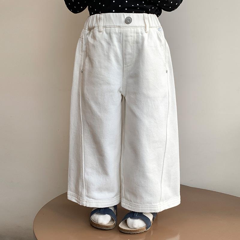 パンツ 女の子 キッズ 春秋 韓国風 オフホワイト ゆったり ワイド ストレート ロング丈 コットン UVカ..