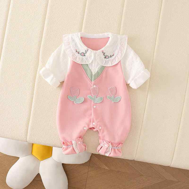 ロンパース 女の子 ベビー 新生児 0歳 1歳 春秋 綿素材 長袖 おしゃれ かわいい 花柄 チューリップ 刺繍 丸襟 プリンセス風 お嬢様風 前開き お出かけ 出産祝い 肌に優しい