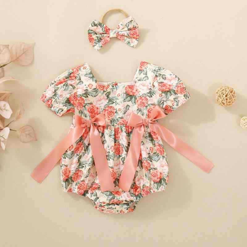 ロンパース ベビー 女の子 かわいい 半袖 パフスリーブ リボン ローズ柄 ニット ポリエステル 薄手 股下スナップ 韓国風 オレンジ ピンク 春夏