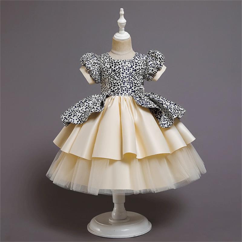 ドレス キッズ 女の子 ベビー 幼児 イブニングドレス フォーマル プリンセス パフスリーブ チュール ふわふわ ボリューム 欧米風 発表会 演奏会 切り替え シャンパンカラー