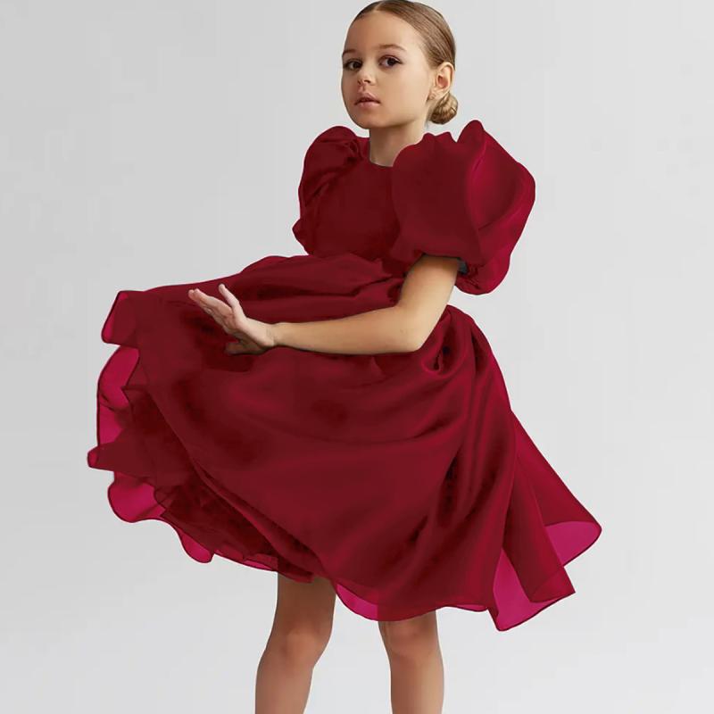 ドレス 女の子 キッズ プリンセス パフスリーブ ふわふわ ボリューム チュール 誕生日 発表会 パーティー 演奏会 フォーマル 欧米風 ワンピース 礼服 ポリエステル 綿混