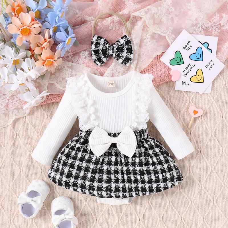 ロンパース ベビー 女の子 秋冬 コットンブレンド リブ編み 長袖 レースフリル チェック柄 スカートデザイン フードなし プルオーバー かわいい 1歳 2歳 3歳 幼児服 おしゃれ 普段着 お出かけ着 ホワイト ピンク ブラック ブルー