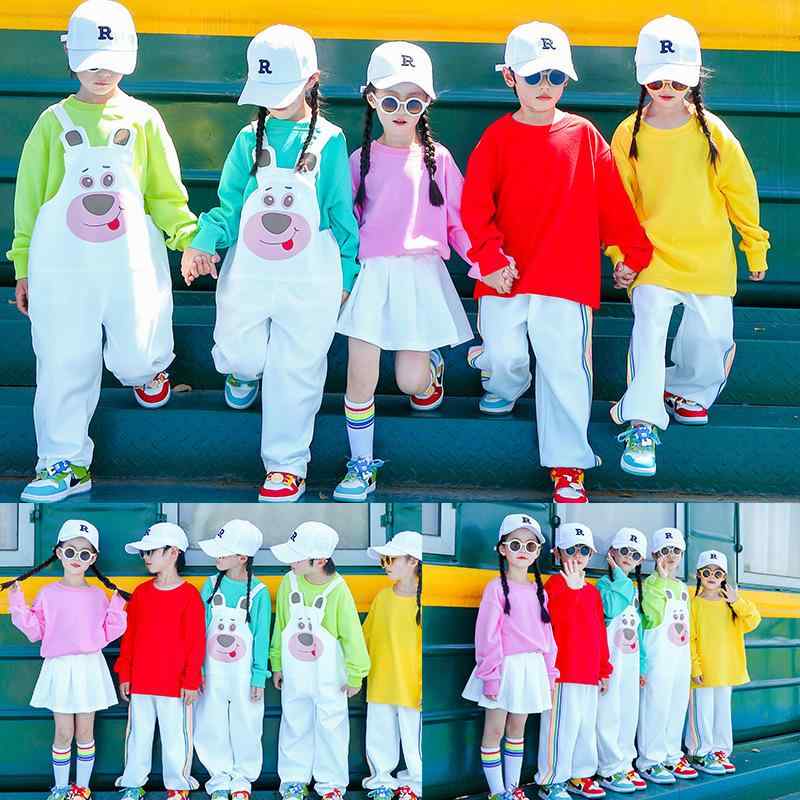 子供服 キッズ 秋冬 小学生 幼稚園 運動会 開会式 合唱 発表会 チアリーディング ダンス パフォーマンス イベント 衣装 コスチューム 綿 コットン スウェット トップス ロングパンツ サロペット スカート 男女兼用 多色