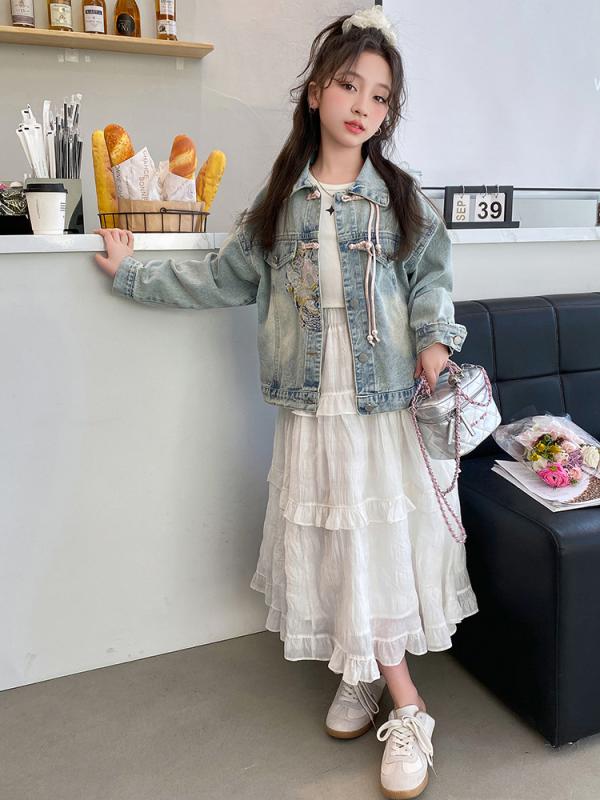 ジャケット 女の子 キッズ ジュニア 春秋 デニム コットン 綿混 ライトブルー ショート丈 長袖 襟付き ..