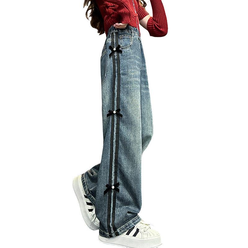 デニム ボトムス ガールズ ジュニア パール リボン 裏起毛 厚手 ストレート ワイドシルエット ジーンズ..