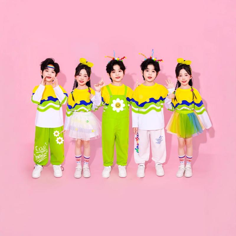 キッズ 子供 チアリーディング ダンス 発表会 合唱 衣装 運動会 イベント 団体 ウェア カラフル ポップ フレアスカート チュールスカート オーバーオール サロペット 小学生 春秋