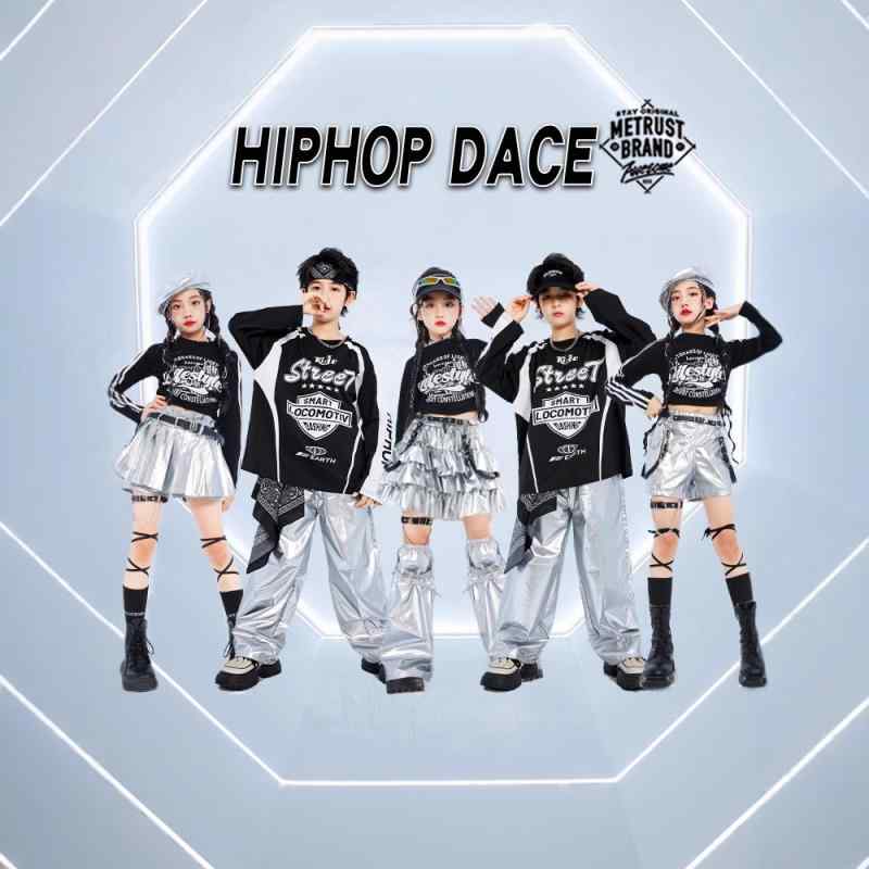 ダンス衣装 キッズ 男の子 女の子 ストリートダンス ヒップホップ ジャズダンス 発表会 パフォーマンス イベント バイカージャケット風 シルバー メタリック レザー調 クール