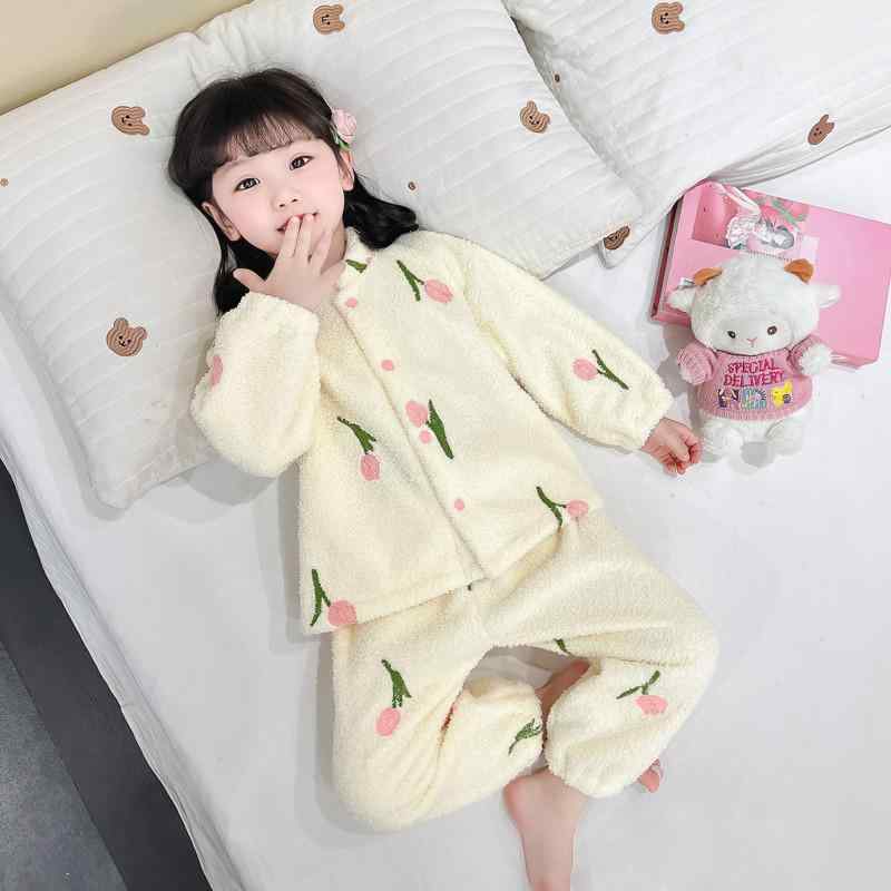 パジャマ 女の子 キッズ 秋冬 ルームウェア フランネル 厚手 裏起毛 保温 暖かい ポリエステル ピンク ..