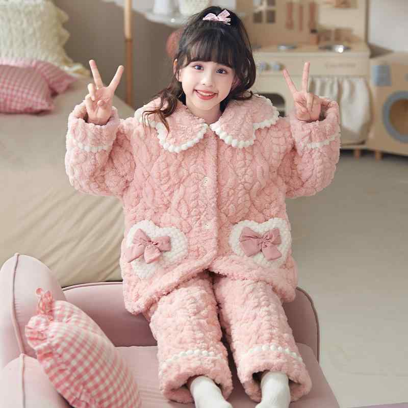 パジャマ 女の子 キッズ ガールズ テーラードカラー 三層キルト あったか 裏起毛 サンゴフリース 厚手 ..