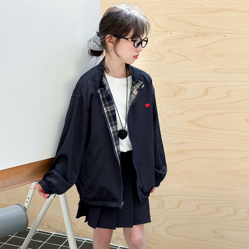 アウター 女の子 ジュニア 春秋 ジャケット リバーシブル スタンドカラー チェック柄 ジップアップ 長..