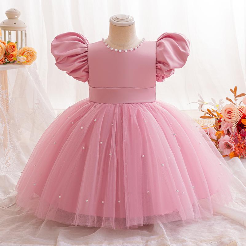 ドレス 女の子 キッズ パフスリーブ プリンセス ふわふわ チュール 誕生日 結婚式 発表会 フォーマル 欧米風 上品 おしゃれ かわいい ポリエステル 綿混素材 ダスティピンク リボン付き