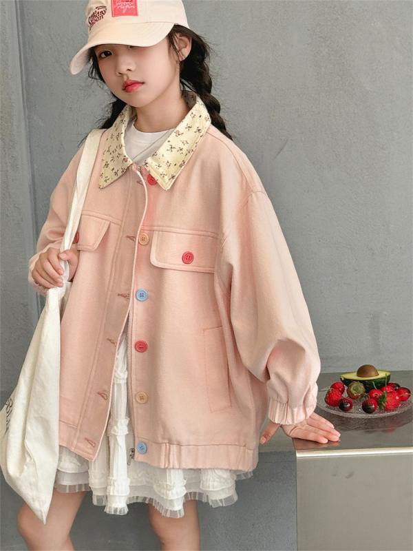 ジャケット ガールズ 春秋 長袖 襟付き おしゃれ カジュアル ストリート 綿 コットン ピンク 無地 シン..