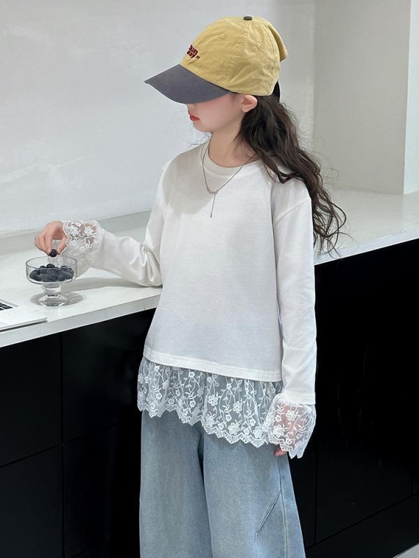 トップス キッズ 女の子 長袖 Tシャツ 綿 コットン レース フリル 白 ホワイト 無地 シンプル 通学 普..