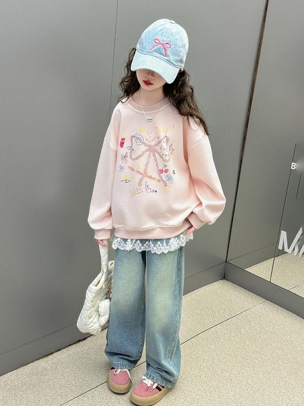 トップス 女の子 ガールズ ジュニア レース フリル 長袖 スウェット トレーナー プルオーバー 綿 コットン 韓国風 カジュアル おしゃれ 着回し 普段使い ...