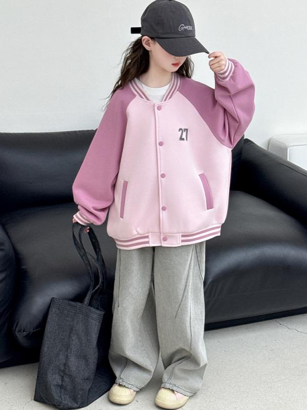 ジャケット 女の子 ジュニア スタジャン 春 カジュアル 韓国風 丸首 ラグランスリーブ ショート丈 綿混..