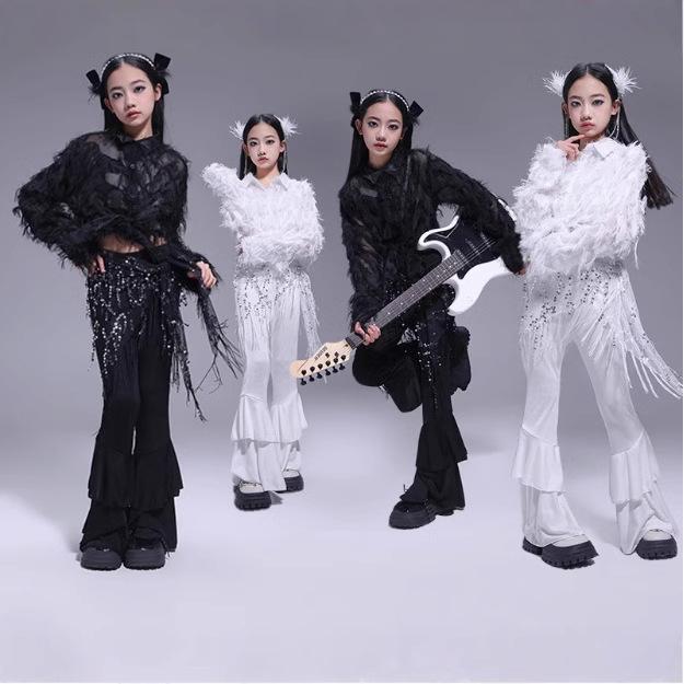 ダンス衣装 女の子 キッズ ストリート ヒップホップ ジャズ 発表会 舞台 ステージ ランウェイ フェザー..