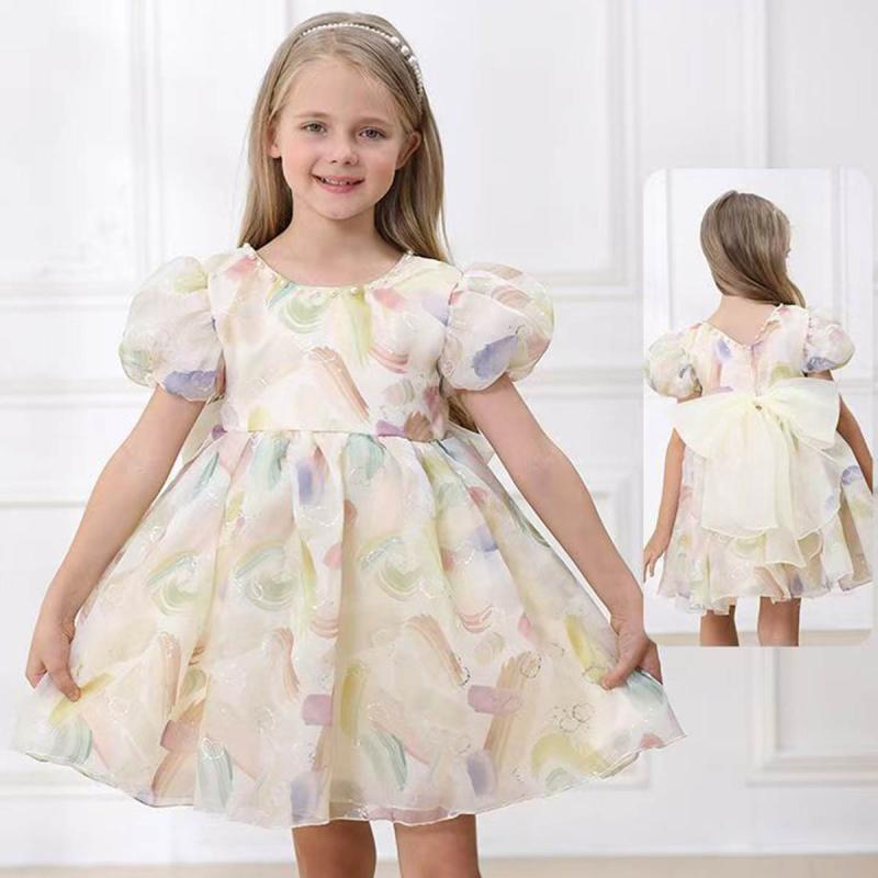 ドレス ベビー キッズ 女の子 誕生日 祝い着 フォーマル パール襟装飾 カラフル パフスリーブ リボン チュール プリンセス 綿混 オールシーズン かわいい 欧米風