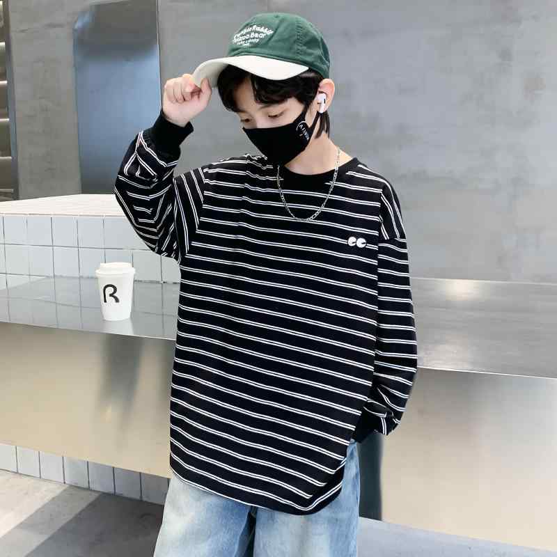 Tシャツ キッズ 男の子 男児 ジュニア 長袖 綿 コットン 春秋 クルーネック ボーダー柄 韓国ファッショ..