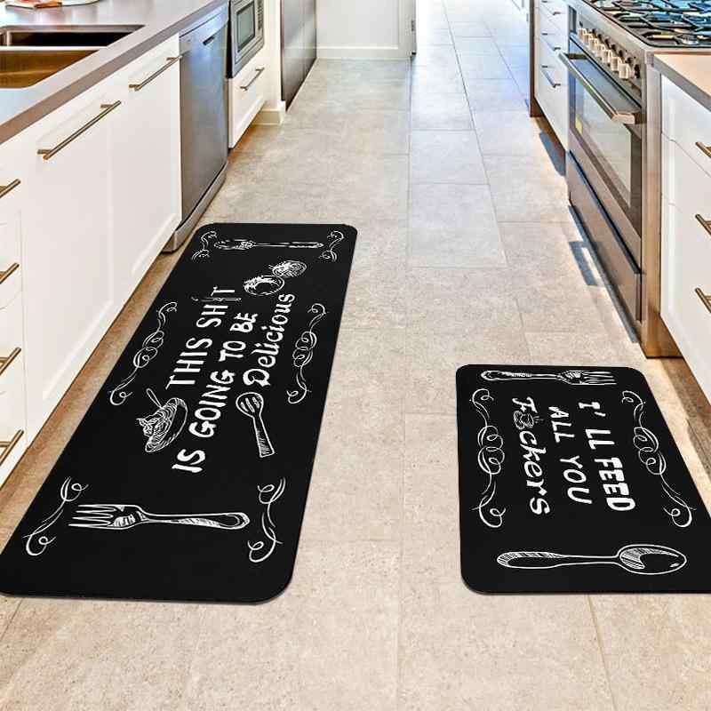 キッチンマット カトラリー柄 ロング 吸水 速乾 滑り止め 洗える 玄関 リビング バスルーム ポリエステ..