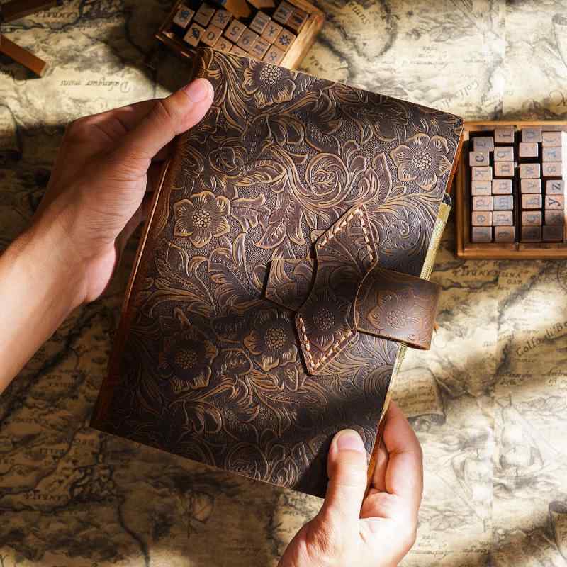 ノート 本革 牛革 レザー 手作り 手縫い ハンドメイド A5サイズ レトロ アンティーク ヴィンテージ おしゃれ 日記帳 手帳 ダイアリー クレイジーホースレザー カービング クラフト紙 ドウリング紙 200～300ページ