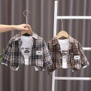 シャツ キッズ 男女兼用 春秋 韓国風 綿 コットン 長袖 襟付き カジュアル セットアップ 着回し 万能 配色 チェック柄 柔らかい グレー ブラウン