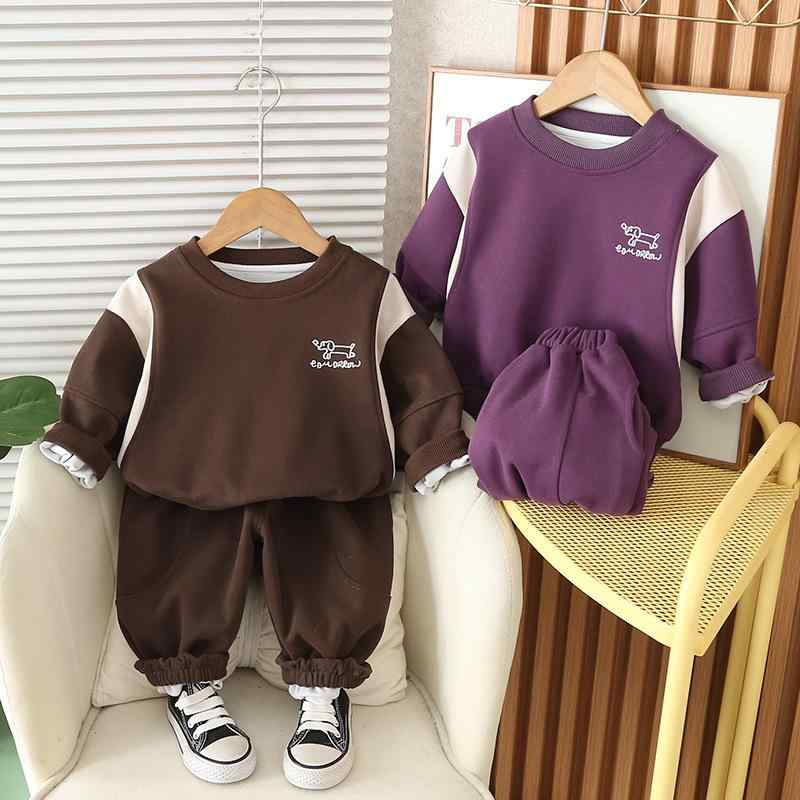 スウェット セットアップ 男の子 キッズ ベビー服 カジュアル かわいい おしゃれ 切り替え 長袖 キャラクター柄 綿 コットン ソフトタッチ 春秋 パンツ 2点セット コーヒー パープル