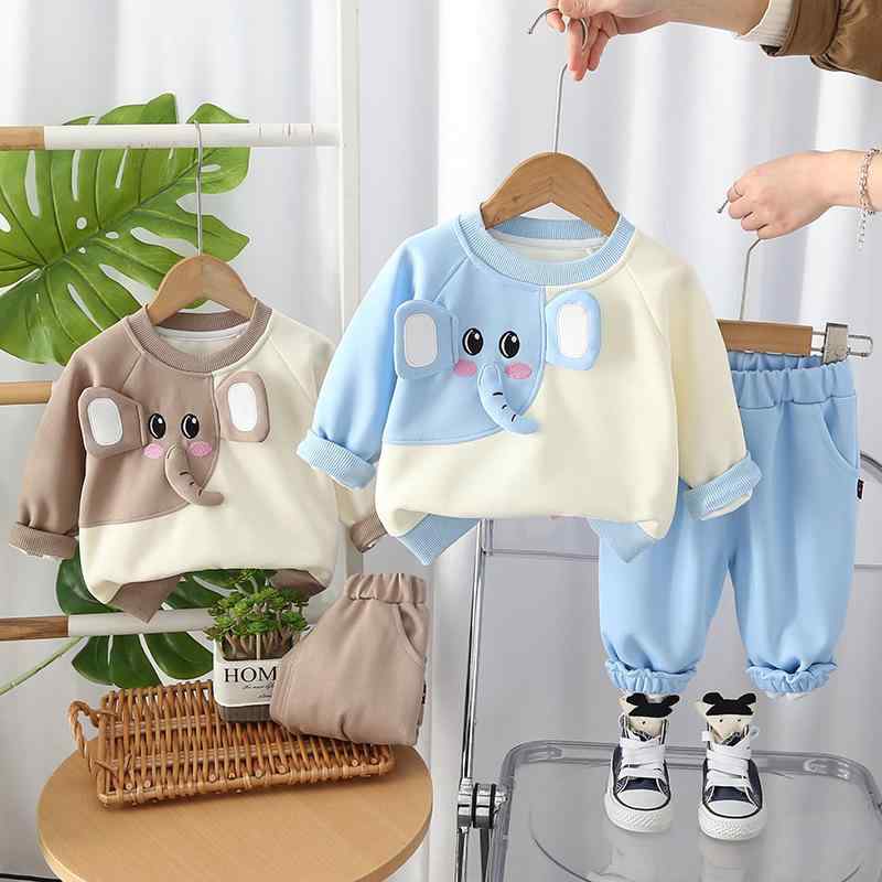 セットアップ キッズ 男の子 春秋 象柄 キャラクター柄 ラウンドネック 長袖 スウェット 2点セット ストリート カジュアル 普段使い 柔らか素材 綿素材 ブルー カーキ 80cm 90cm 100cm 110cm 120cm