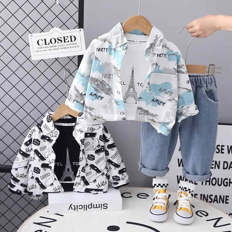 シャツ キッズ 男の子 長袖 総柄 鉄塔柄 春秋 綿 コットン セットアップ 3点セット 韓国子供服 おしゃ..