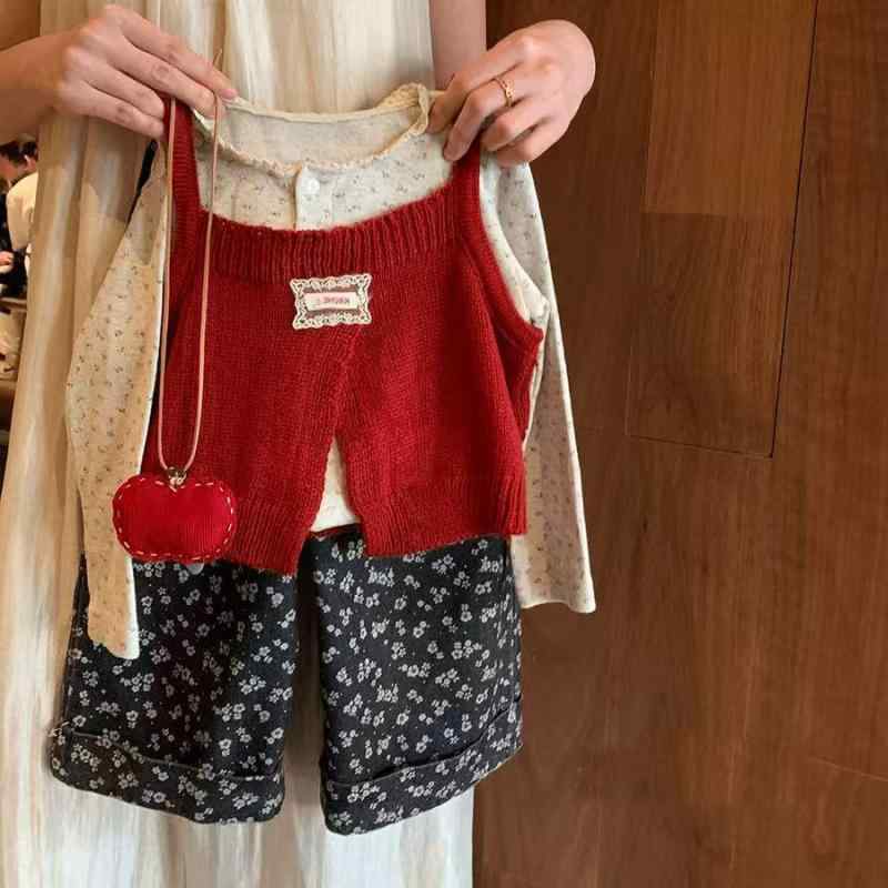 キッズ 女の子 春秋冬 3点セット 韓国風 おしゃれ ニット キャミソール 長袖トップス プルオーバー ロ..