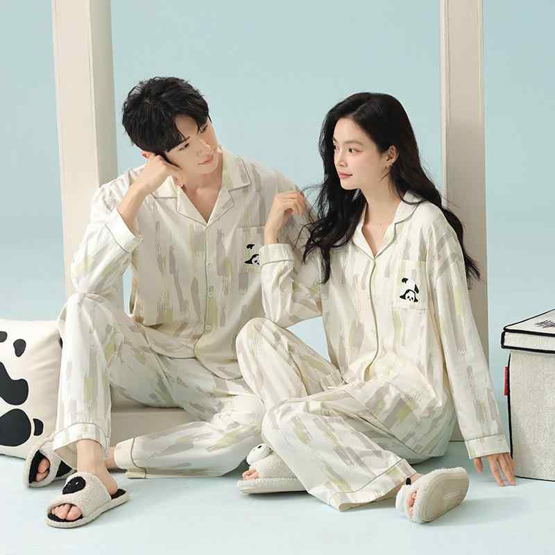ルームウェア 男女兼用 ペア 長袖 純綿 コットン 抗菌 かわいい パンダ柄 開襟 上下セット セットアップ 春夏 快適 部屋着 パジャマ ワンマイルウェア
