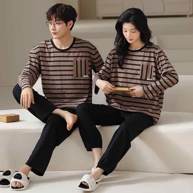 パジャマ カップル レディース メンズ 四季 コットン100% 長袖 長ズボン 丸首 快適 通気性 ルームウェ..
