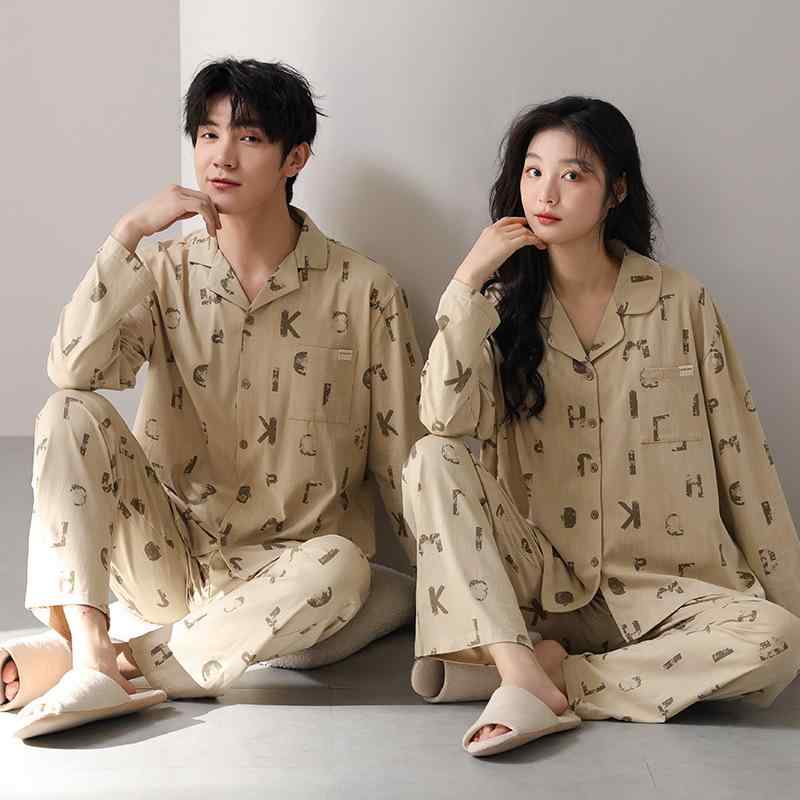 パジャマ カップル 男女兼用 春夏秋 綿100% コットン 長袖長ズボン ポロ襟 開襟シャツスタイル カジュ..