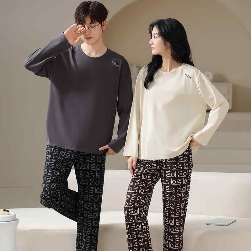パジャマ カップル ペア ルームウェア 寝巻き レディース メンズ 春秋 綿100% 長袖 クルーネック プルオーバー 上下セット ロングパンツ シンプル カジュアル 快適 伸縮性 通気性 ワンマイルウェア おうち時間